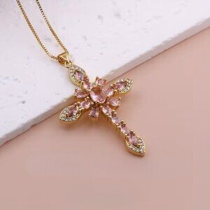 Pink & Gold Crystal Cross Pendant Necklace Christian Faith Jewelry Women Gift